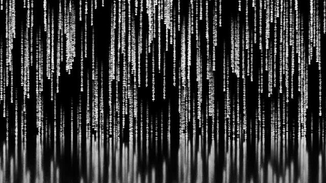 Matrix code, digital rain background, The falling white characters in verical lines on computer screen