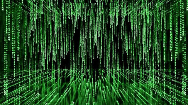 Matrix code, digital rain background, The falling green characters in vertical lines on computer screen