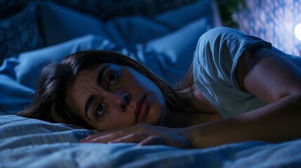 Woman lies awake bed night eyes wide open struggling insomnia fueled anxiety depression her heart pounding weight of sleeplessness emotional distress trapped a cycle of wakefulness and troubled sleep