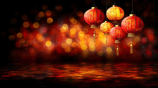 Dreamy floating red lanterns illuminate vibrant background, creating festive atmosphere perfect for celebrations. warm glow evokes joy and tradition