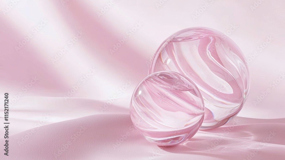Poster two elegant glass spheres with pink swirls rest on a luxurious pink silk drape, creating a visually 