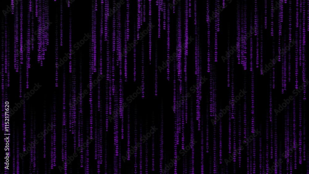 Poster matrix code, digital rain background, the falling purple characters in vertical lines on computer sc