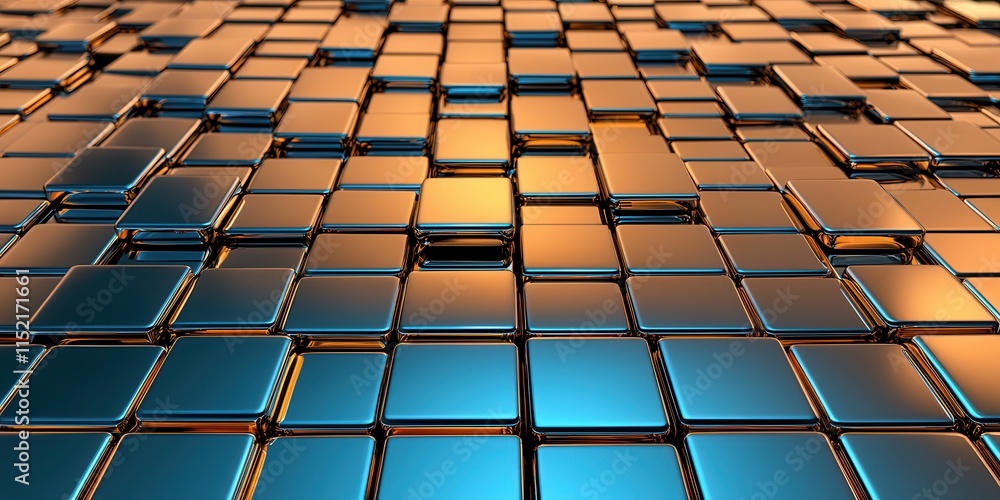 Poster a vibrant, abstract design featuring a grid of reflective, glossy tiles in blue and orange hues, cre