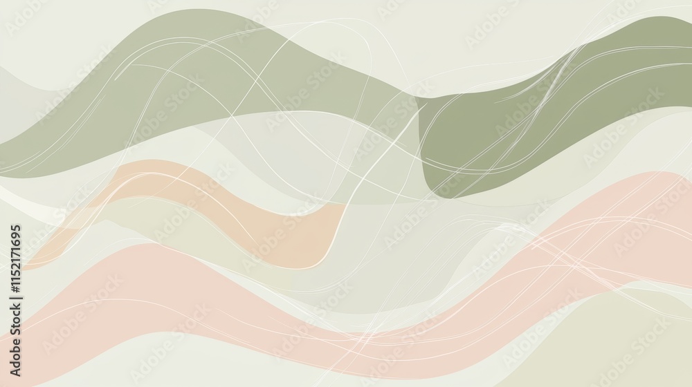 Poster Soft pastel hues of green and pink blend seamlessly in an abstract composition, creating a calming backdrop with intertwined wavy lines adding a touch of delicate elegance