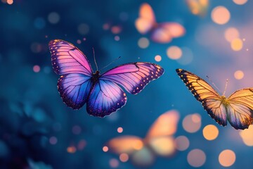 A beautiful and colorful glowing butterflies flying in the air, against a blue background
