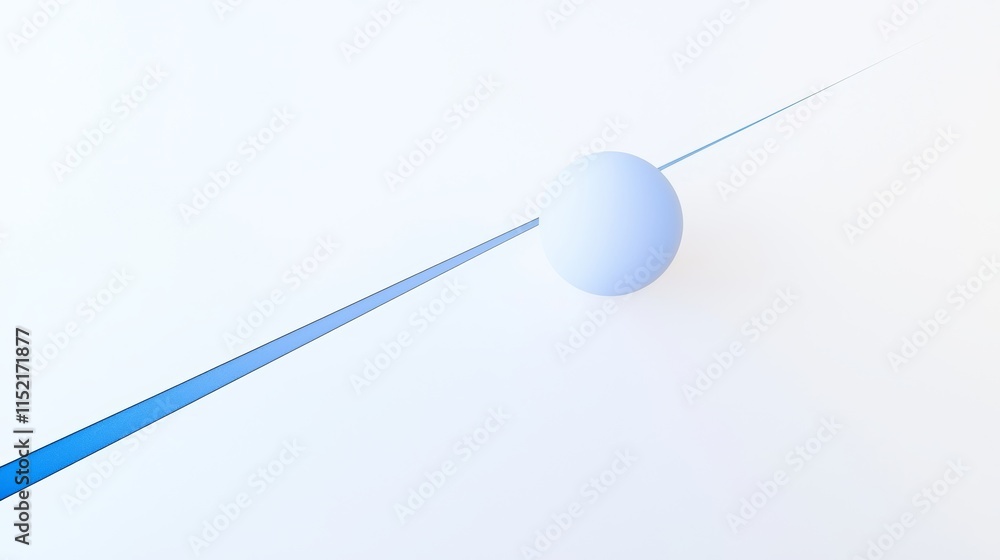Poster minimalist abstract composition featuring a blue line intersecting a light blue sphere floating in a