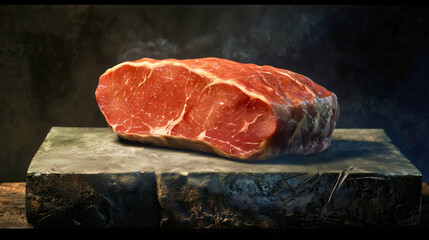 A freshly sliced ham leg placed on a butcher’s block, with the marbled texture of the meat and a thin layer of fat glistening.