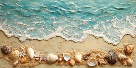 Seashells and starfish adorn a sandy beach with ocean waves
