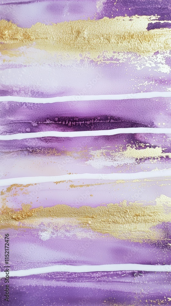 Poster purple and gold abstract painting with alternating stripes of color and metallic accents creating a 