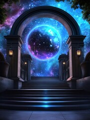 Enchanted Portals to a Cosmic Fantasy Realm - A mystical journey awaits beyond an archway leading to a vibrant, cosmic sphere. Symbolizing dreams, wonder, exploration, magic, and the unknown.