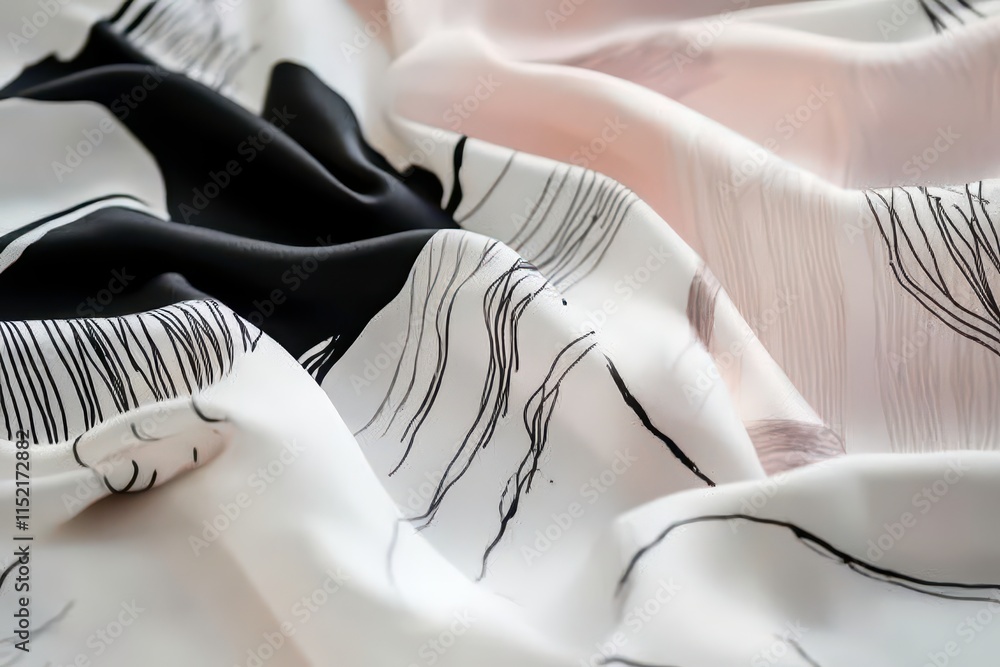 Poster a close-up of flowing fabric with abstract patterns in black and white tones.