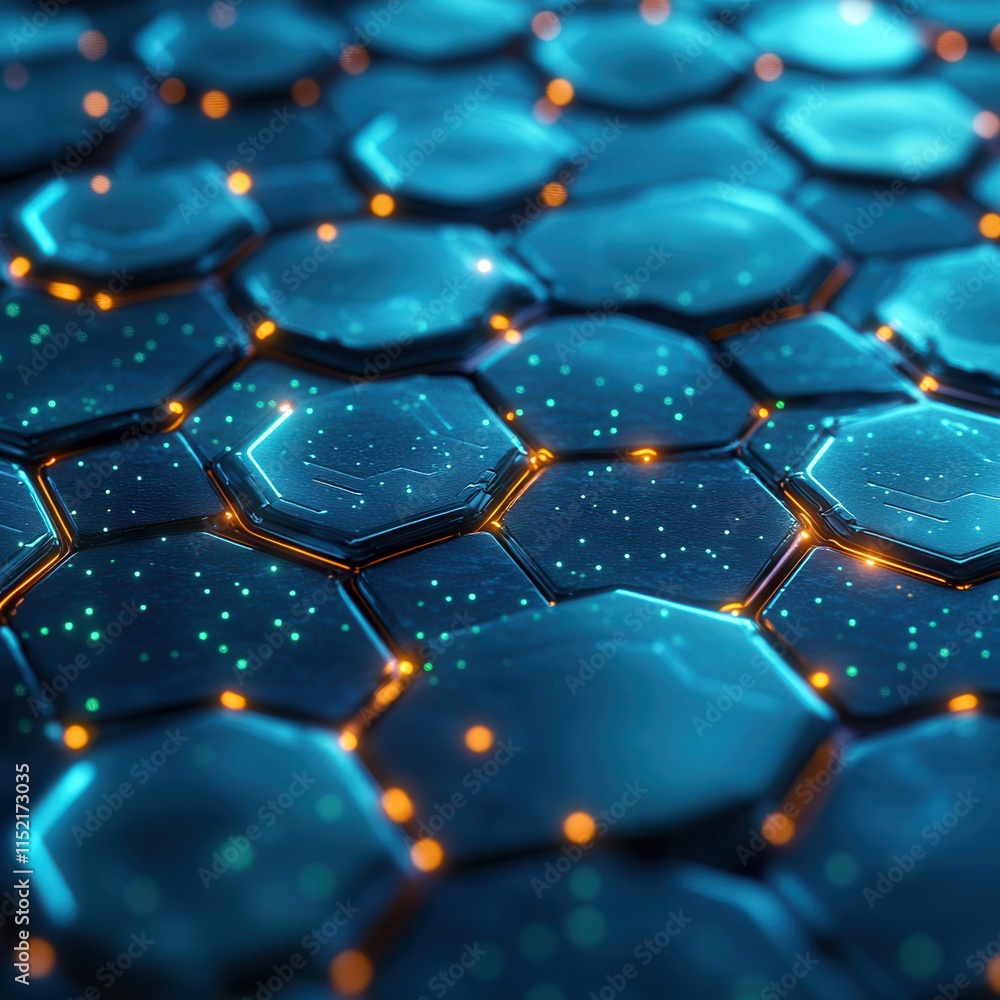 Poster a glowing, hexagonal pattern with vibrant blue hues and scattered lights, creating a futuristic and 