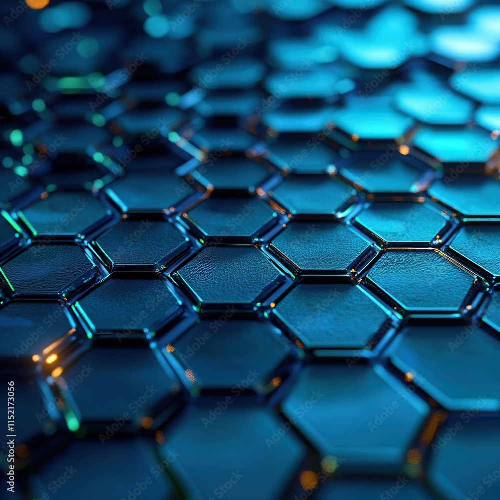 Poster a close-up view of a hexagonal pattern with a glossy, blue sheen, reflecting light in a modern and a