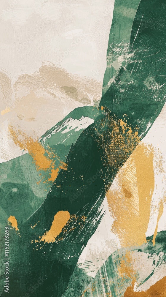 Poster green and gold brushstrokes create a dynamic and visually appealing abstract painting with a texture