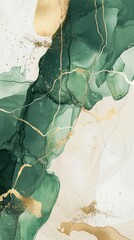 Green and gold alcohol ink painting creates an abstract fluid art background with dynamic textures and swirling patterns, resembling a luxurious marble or gemstone effect