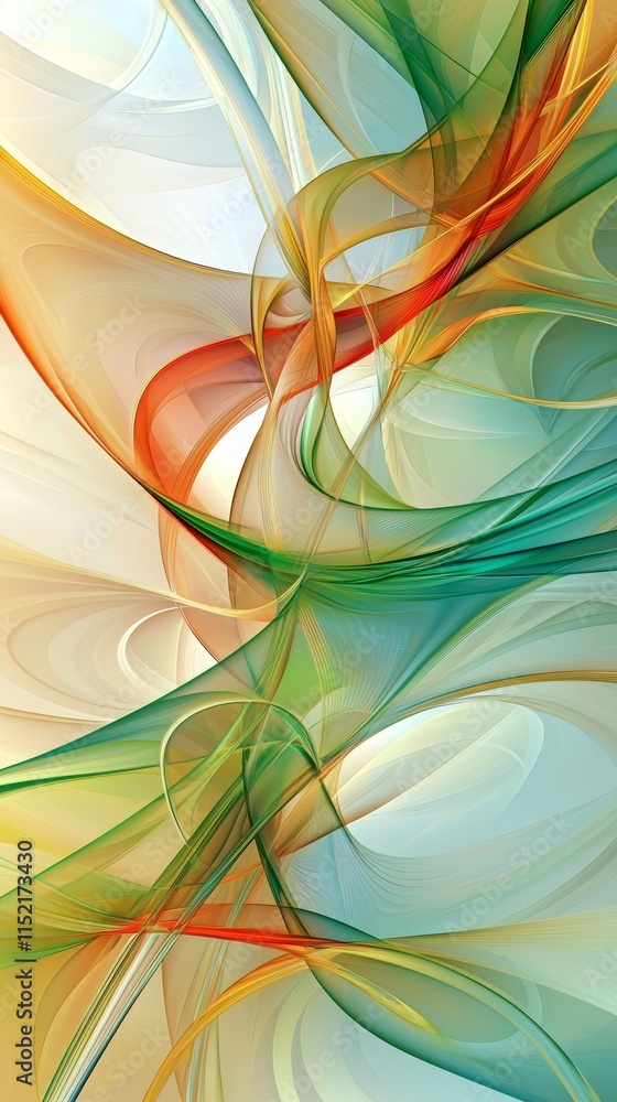 Poster intertwined lines of green, orange, and yellow create dynamic swirls and curves, generating a sense 
