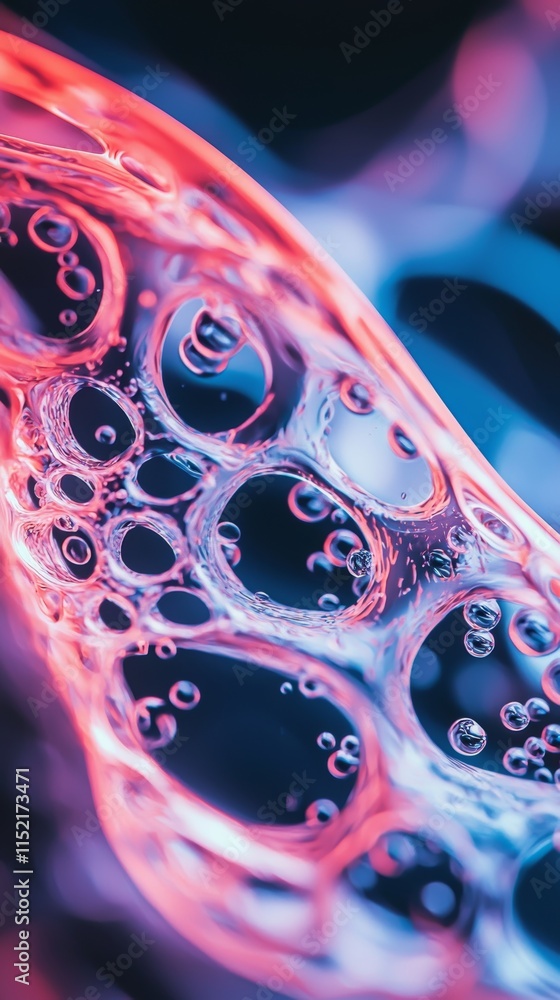 Poster colorful and abstract macro photograph featuring bubbles floating in a swirling liquid with pink and