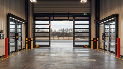 A sleek and spacious modern warehouse with advanced security features, including electronic gates and security cameras monitoring the area.