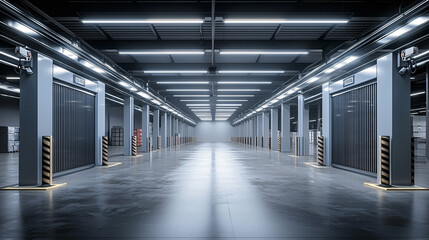 A sleek and spacious modern warehouse with advanced security features, including electronic gates and security cameras monitoring the area.