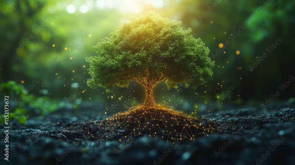 Poster A tree stands prominently in fertile soil, its roots aglow with light. Surrounding it are lush green plants, all illuminated by soft golden sunlight filtering through the forest.