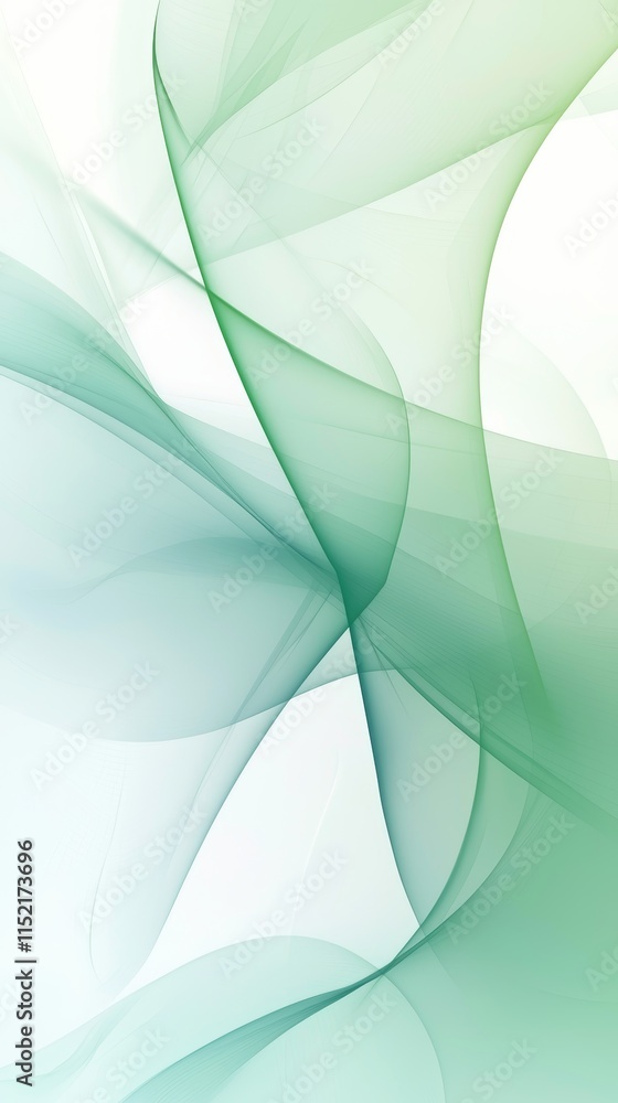 Poster smooth, translucent green lines gracefully curve and intertwine against a white backdrop, forming an