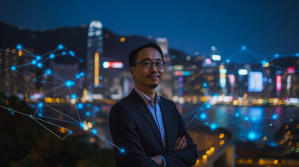 Fototapeta premium Abstract businessman stands on the peak of success Smart digital city with connection cyber security network reciprocity over the cityscape future wireless digital city and social media networking