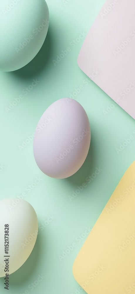 Poster modern easter design featuring pastel-colored eggs and geometric paper shapes, creating a visually a