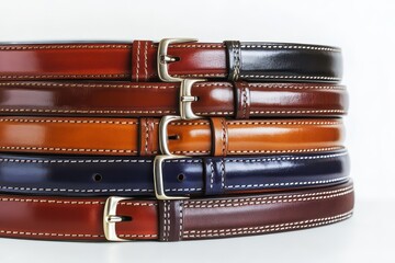 A collection of leather belts in various shades stacked neatly.