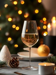 Festive Winter Wine Glass - Sparkling wine, Christmas tree lights, ornaments, candlelight, pine cone; symbolizing celebration, warmth, joy, togetherness, and winter holidays.