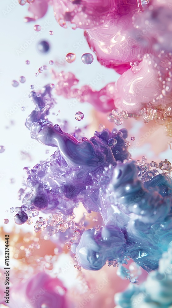 Aufkleber pink, purple and light blue inks are creating abstract shapes while mixing with water generating bub
