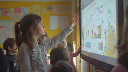 Preschool girl interacts with interactive whiteboard, learning.