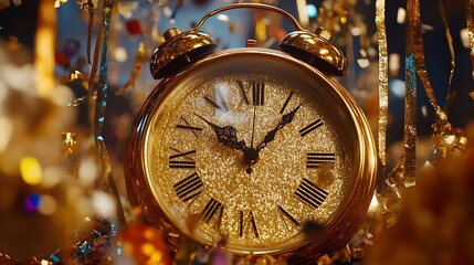 Golden New Year's Eve Clock Striking Midnight, Surrounded by Festive Confetti & Streamers