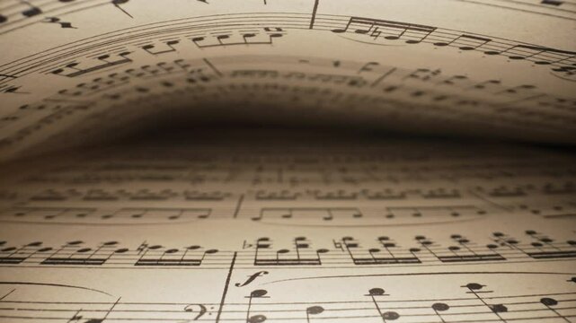 Slider macro background of saved medieval book with ancient musical notes writings. Texture of old handwritten classical symphony, beautiful melody, hobby concept.