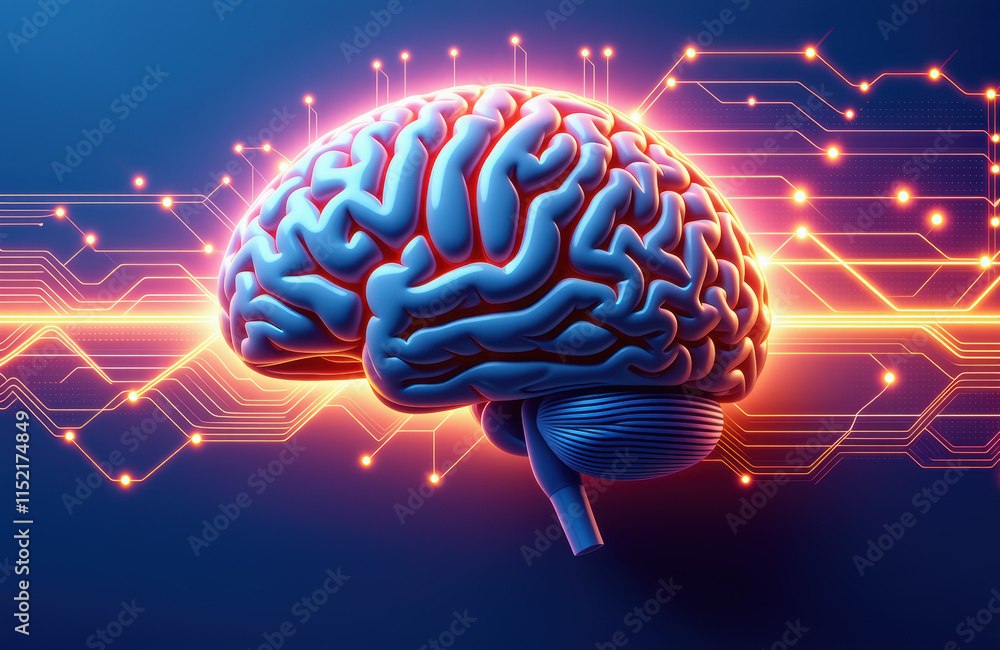 Poster futuristic digital brain with neon circuitry highlighting advanced technology concepts