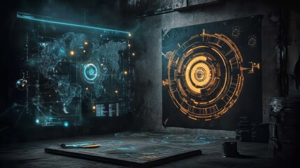 A dark room with a digital representation of a glowing circle on one wall and a virtual screen showing Earth on the other wall