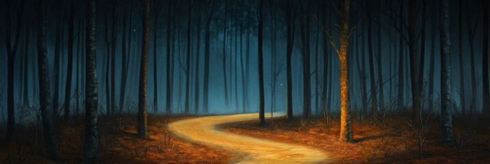 Forest Path at Dusk - Winding path, autumn leaves, tall trees, misty atmosphere, evening light. Symbolizes mystery, journey, nature, serenity, transition.
