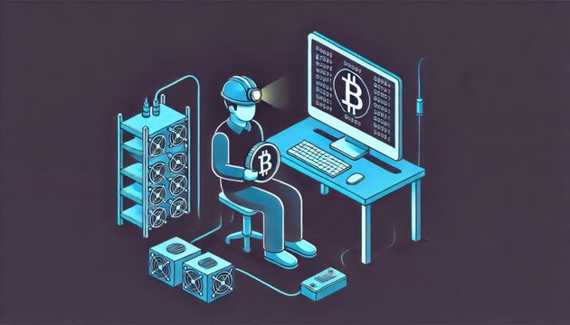 person with bitcoin cryptocurrency miner content created with generative AI software.