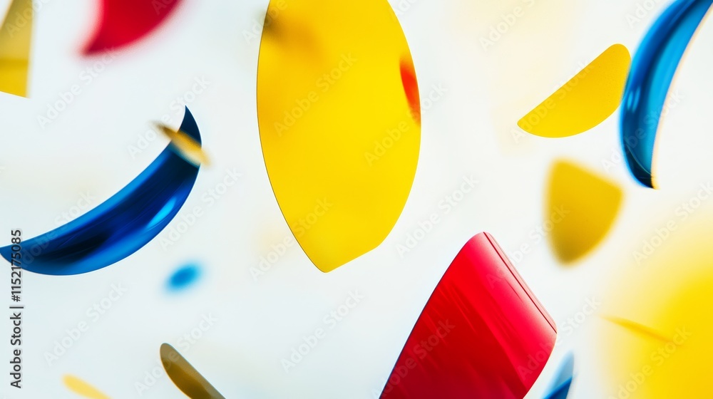 Poster dynamic composition featuring colorful abstract shapes falling against a white background, creating 
