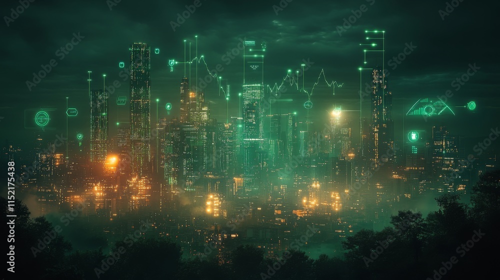 Poster a vibrant, futuristic city skyline shines with green lights under a dark sky. digital data overlays 