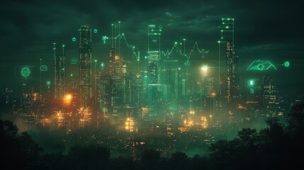 A vibrant, futuristic city skyline shines with green lights under a dark sky. Digital data overlays provide information, creating a high-tech atmosphere. Buildings tower above shrouded in mist.