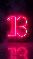 Glowing Neon "13" Sign with Red Smoke and Reflection