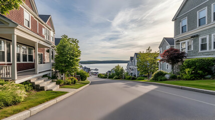 Scenic coastal street in Bar Harbor Maine with waterfront views and classic New England charm