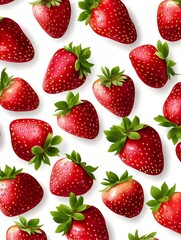 Fresh Strawberry Pattern on White - Vibrant red strawberries, juicy and ripe, arranged in a delightful pattern against a crisp white background. Symbolizing summer, freshness, sweetness, healthy eatin