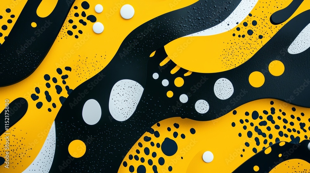 Poster yellow and black abstract background featuring wavy shapes, white and yellow circles, and a speckled