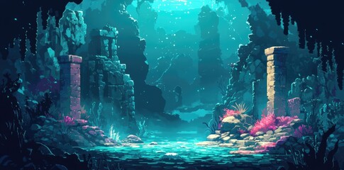 Obraz premium Submerged Ruins Ancient Pillars Glimmering Underwater Scene
