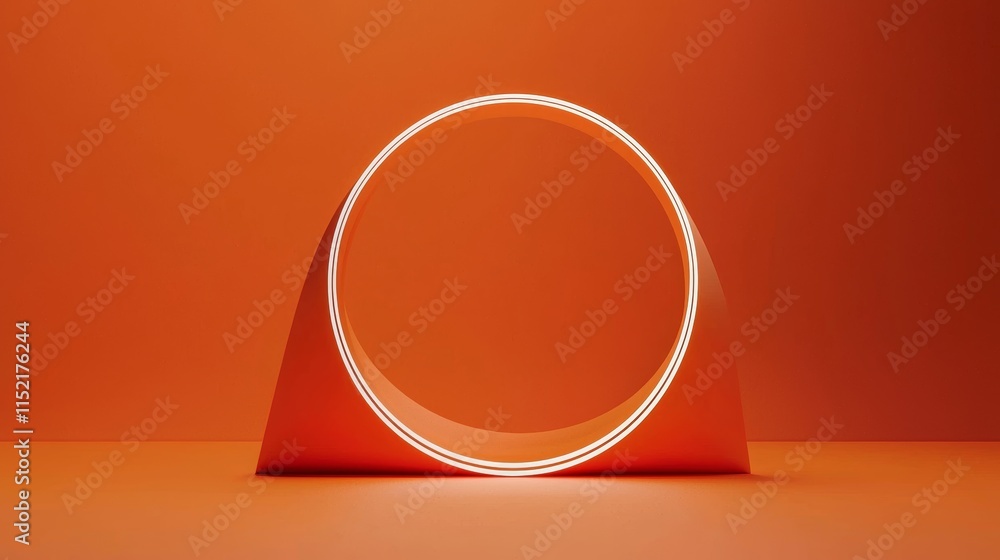 Poster orange glowing neon circle hovering over a triangular podium creates a modern and futuristic backdro