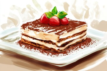 A delicious slice of tiramisu topped with berries and mint on a white plate.