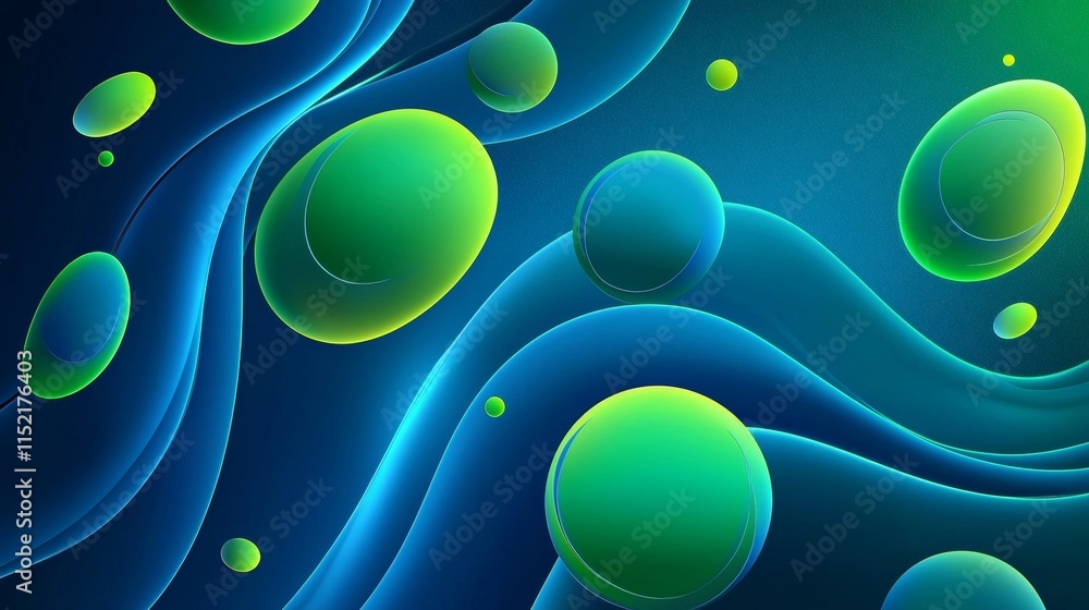Poster abstract blue and green spheres are floating on a wavy background, creating a mesmerizing visual wit