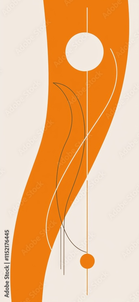 Poster modern abstract art composition featuring an orange shape, circles, and intersecting lines on a beig