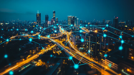 Obraz premium Abstract businesswoman stands on the peak of success Smart digital city with connection cyber security network reciprocity over the cityscape future wireless digital city and social media networking